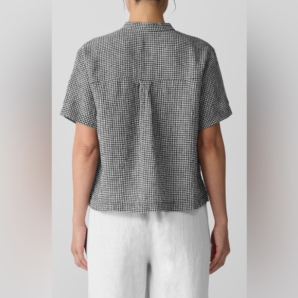 Eileen Fisher Puckered Organic Linen Gingham Mandarin Collar Short Sleeve Top - Picture 2 of 13